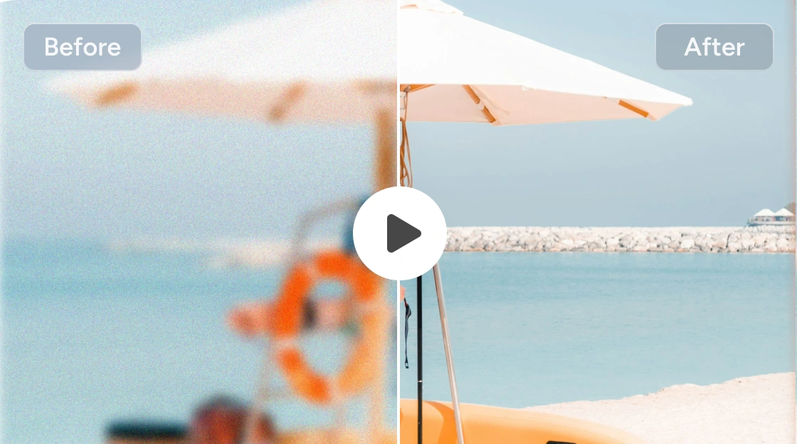 해변 파라솔 장면의 동영상 화질 높이기 전후 비교